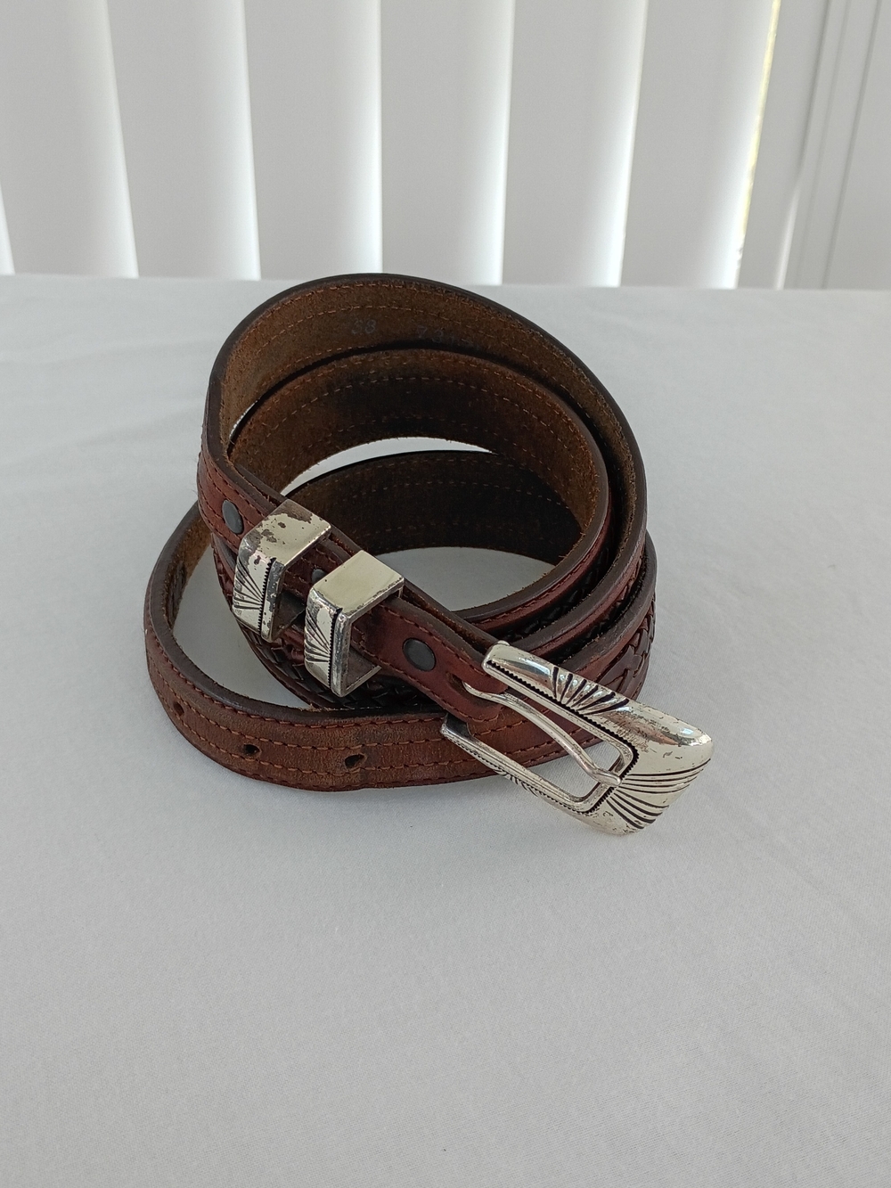 Tony Lama Belt Brown Leather Western-Style 38" with Engraved Silver Buckle 7317L